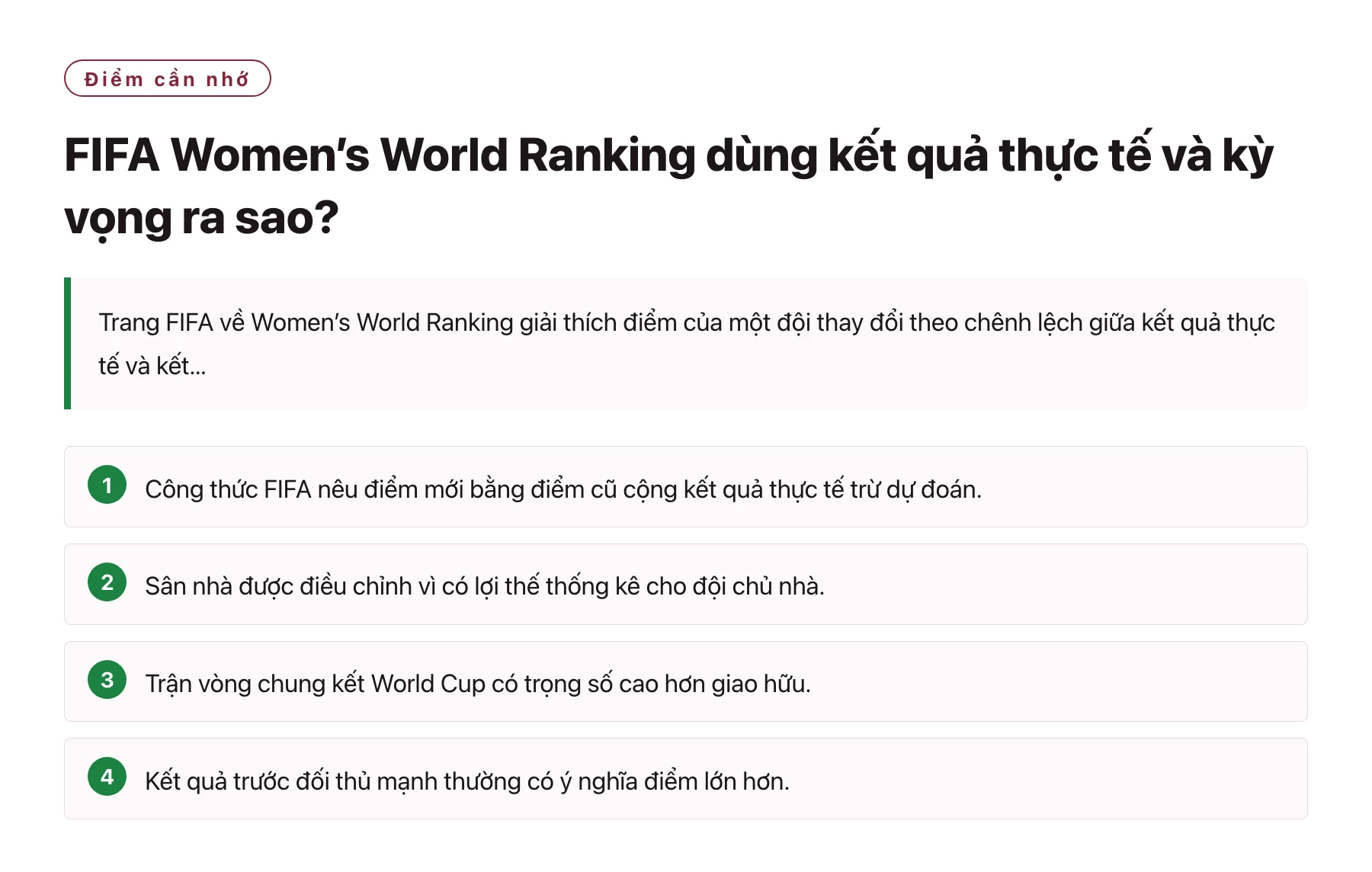 FIFA Women’s World Ranking dùng kết quả thực tế và kỳ vọng ra sao?——全文要点速览